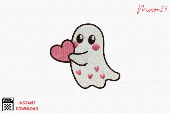 Cute Ghost Holding Heart Embroidery PNG