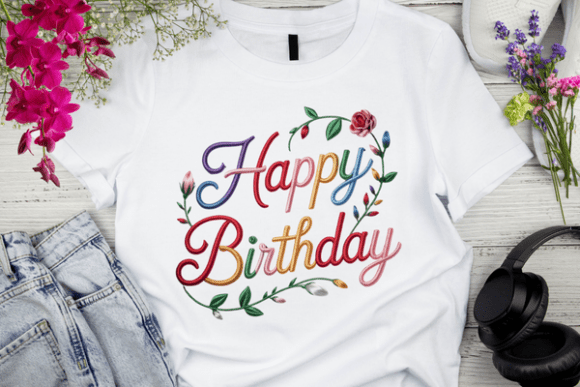 Rainbow Thread Happy Birthday Embroidery