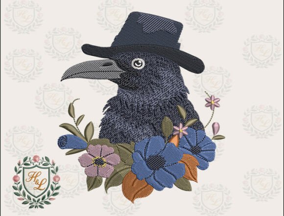 Whimsical Raven Floral Embroidery Files
